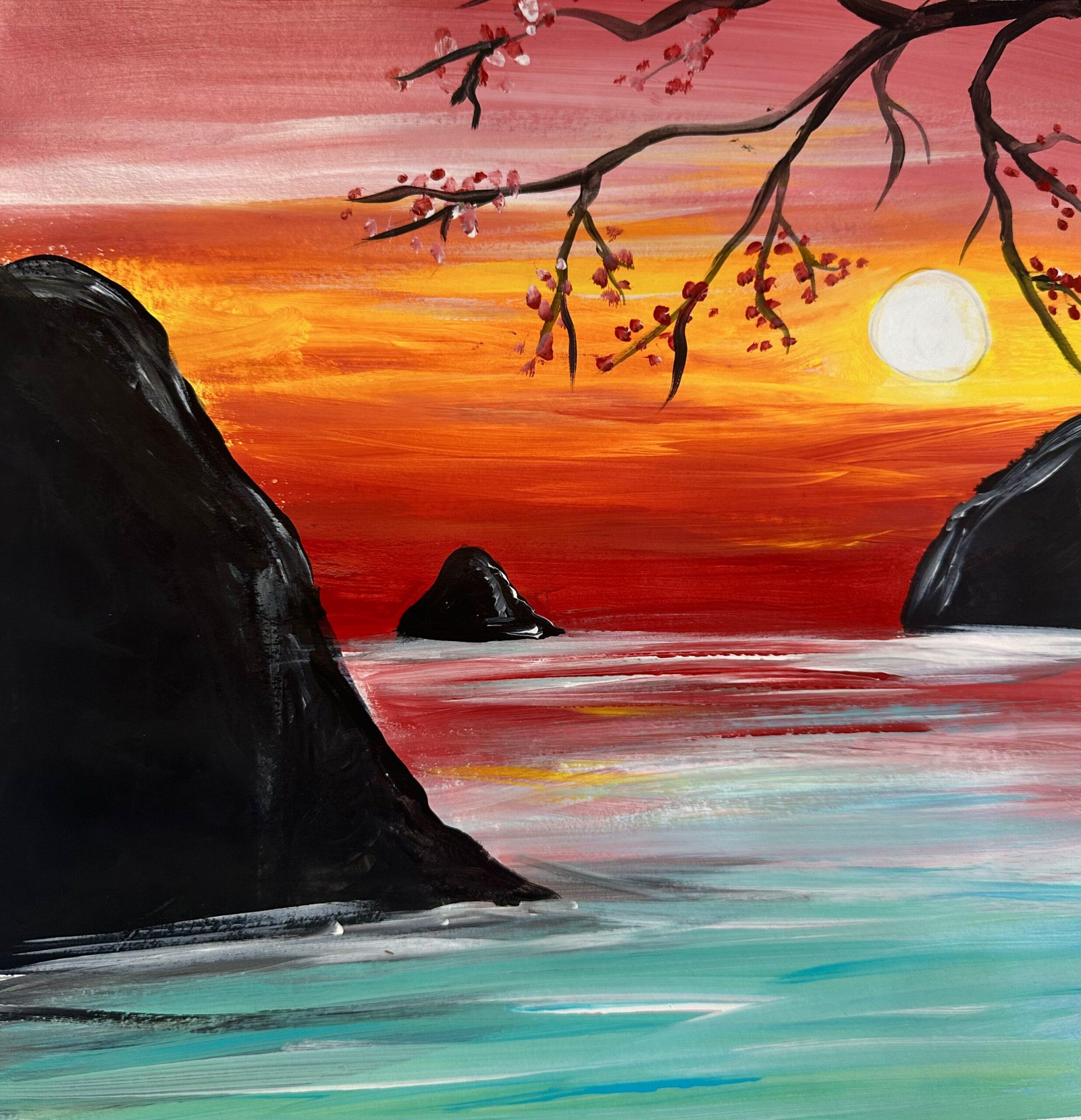 Image showing Ocean with setting sun and mountains. This Art work was done by the students in our Creating My Art center.
